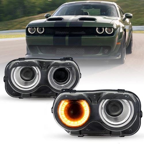 Pair LED Headlights Halogen Head lamps Projector for 2015-2023 Dodge Challenger